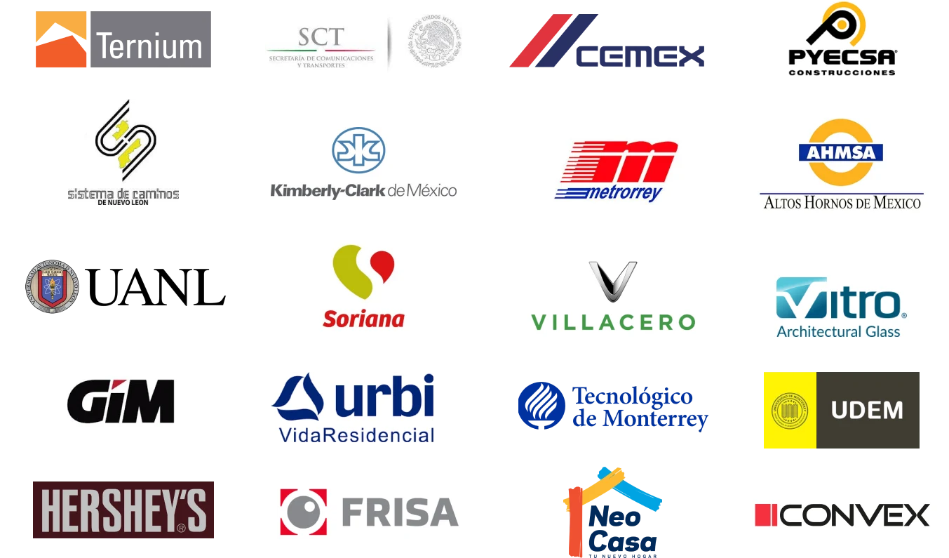 Logos de clientes de ITT: Ternium, SCT, CEMEX, Metrorrey, Kimberly-Clark, UANL, Soriana, Vitro, Tecnológico de Monterrey, UDEM, Hershey's y más